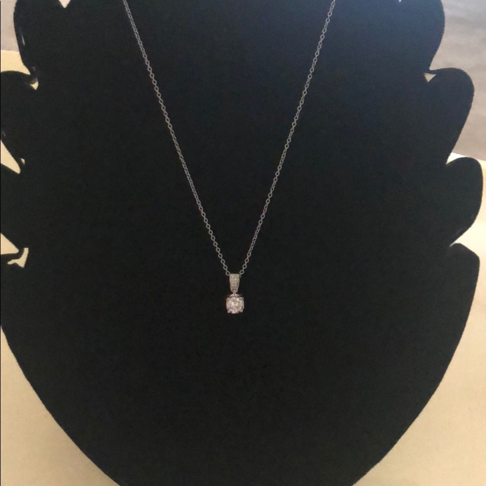 Solitaire simulated diamond necklace silver tone